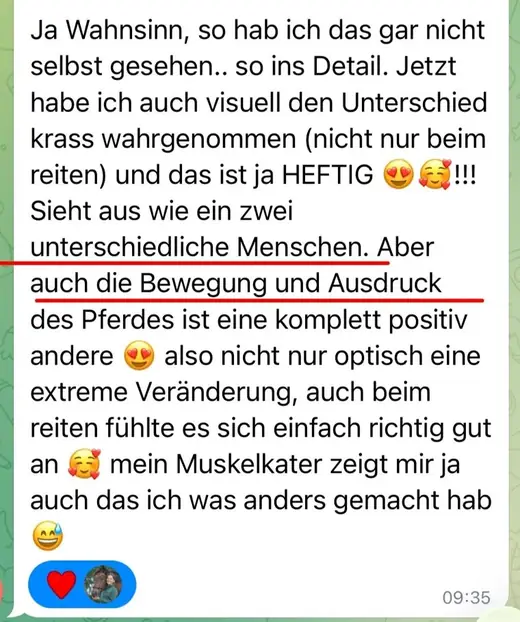 Nachricht von Julia: „Ja Wahnsinn, so hab ich das gar nicht selbst gesehen … so ins Detail. Jetzt habe ich auch visuell den Unterschied krass wahrgenommen (nicht nur beim Reiten) und das ist ja heftig! Sieht aus wie zwei unterschiedliche Menschen. Aber auch die Bewegung und Ausdruck des Pferdes ist eine komplett positiv andere. Also nicht nur optisch eine extreme Veränderung, auch beim Reiten fühlte es sich einfach richtig gut an. Mein Muskelkater zeigt mir ja auch, dass ich was anders gemacht hab.“
